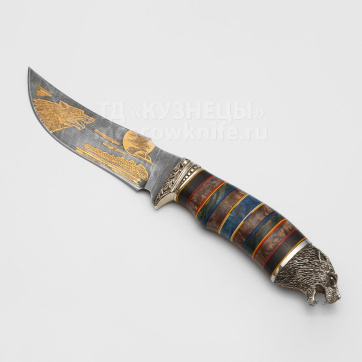 Нож Восток (Дамасская сталь с гравировкой ручной работы, Карельская берёза, Мельхиор)