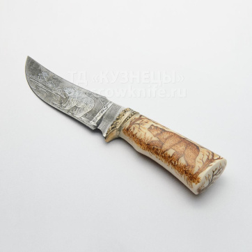 Нож Восток (Дамасская сталь, Рог лося, гравировка - МЕДВЕДЬ)