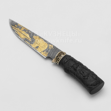 Нож Медведь (Дамасская сталь, желтый металл, граб, резьба)