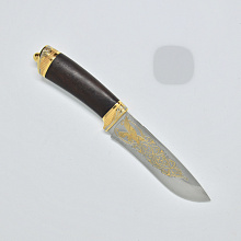Нож охотничий Александр II Н6 (ЭИ-107 Златоустовская гравюра на клинке, дуб, резная фурнитура - латунь с напылением желтым металлом)
