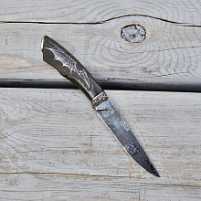 Нож "Птеро" (Сложно мозаичный дамаск, Инкрустация, Белый металл)