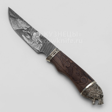 Нож  Золотоискатель (Дамасская сталь, гравировка волк, венге, резьба, литье)