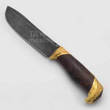 Нож Лис Б (Дамасская сталь, Дерево, Жёлтый металл)