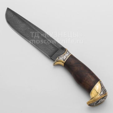 Нож Серый (Дамасская сталь, Дерево, Жёлтый металл)