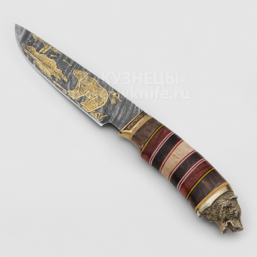 Нож Медведь (Дамасская сталь, Гравировка, Наборная рукоять)