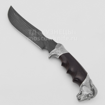 Нож на подставке Буйвол ( Дамасская сталь, Дерево, Белый металл)