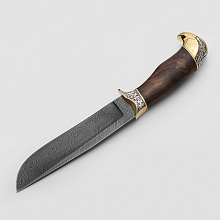 Нож Серый (Дамасская сталь, Дерево, Жёлтый металл)