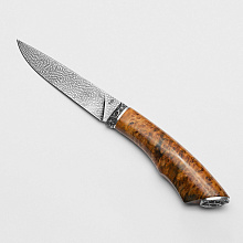 Нож № 246 (Сложный мозаичный дамаск, карельская береза, белый металл, авторский лак)