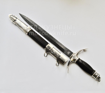 Нож Кортик в ножнах на подставке Линкор (Дамасская сталь, Белый металл, Черное дерево)